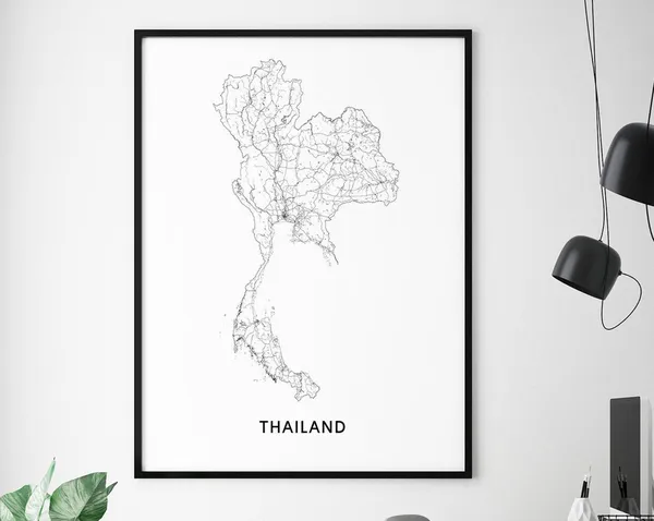 Thailand Map Print Art, Modern Black White Poster
