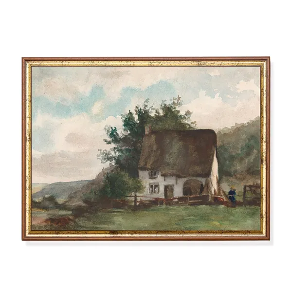 Vintage Landscape Art Print, Rustic Farmhouse Cottage