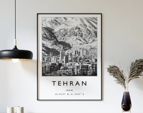 Tehran Travel Poster, Black and White City Print