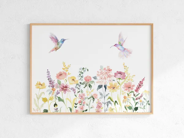 Wildflowers and Hummingbird Watercolor Art Print