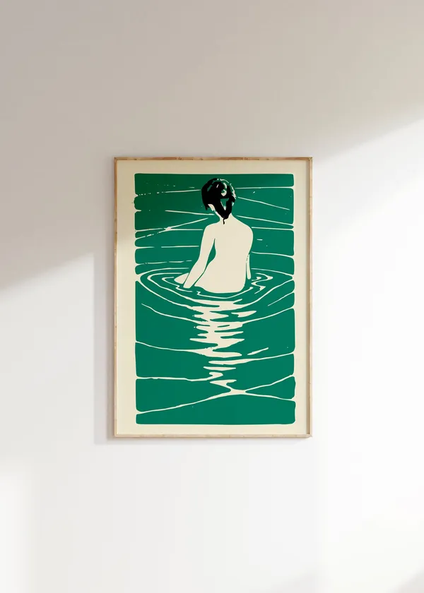 Retro Woman in River Art Print, 70s 80s Style