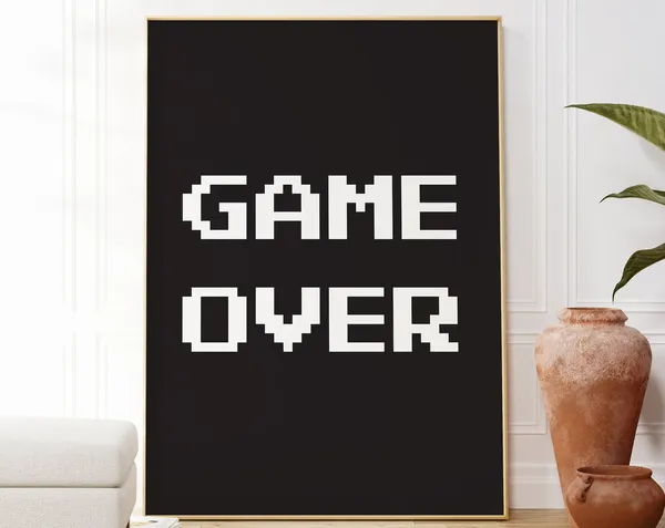Game Over Video Game Art Poster, Black And White