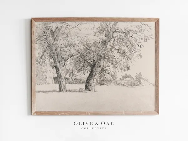 Antique Tree Sketch, Farmhouse Landscape Art Print