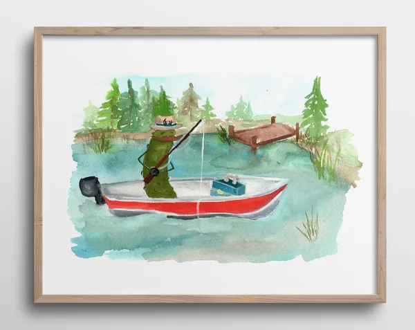 Whimsical Pickle With Mustache Fishing Boat Watercolor Art Print