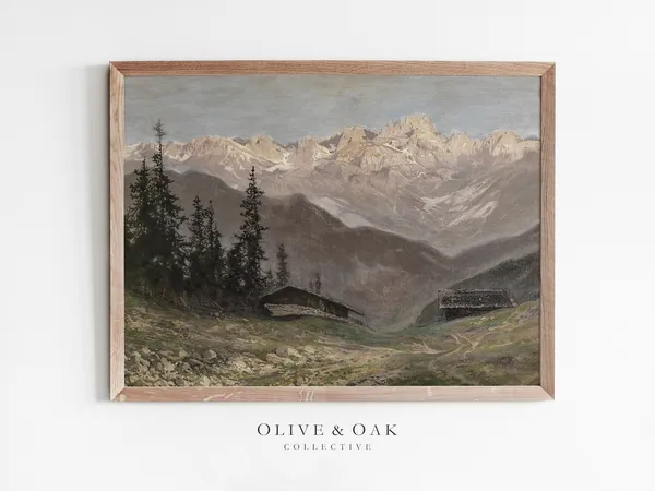 Rustic Mountain Painting Cabin Decor, Vintage Art Print
