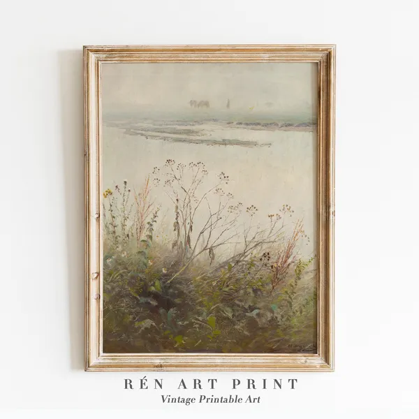Muted Landscape Floral Antique Art Print, Cottage Decor