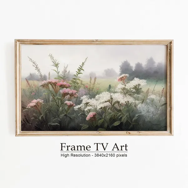 Spring Pink Wildflower Field, Vintage Art Print