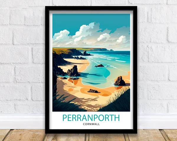 Perranporth Cornwall Travel Poster, Coastal Art