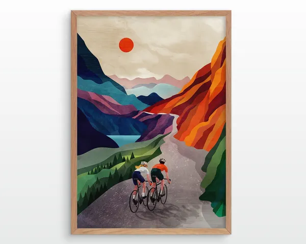 Cycling Couple Art Print, High in the Mountains