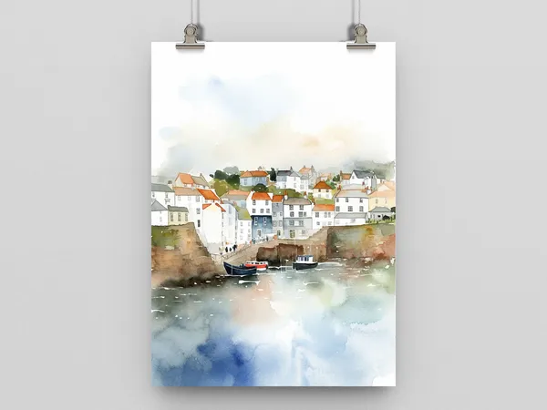 Seaside Town Scene Watercolor Art Print, Coastal Decor