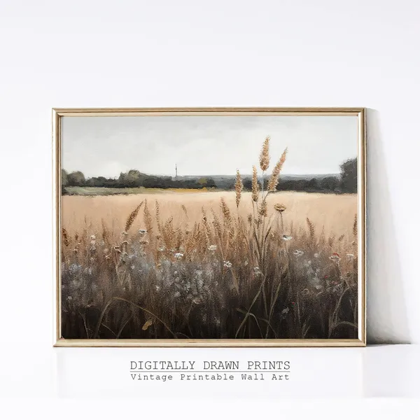 Wildflower Field Landscape, Vintage Farmhouse Decor