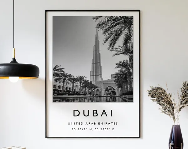 Dubai Travel Poster, UAE Black and White Art Print