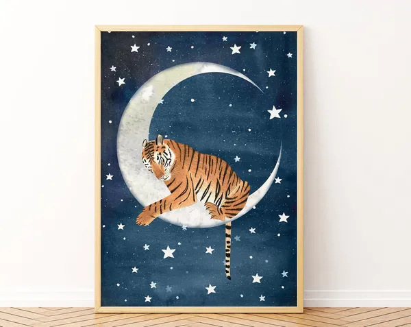 Sleeping Tiger Art Print, Moon and Stars Nursery Decor