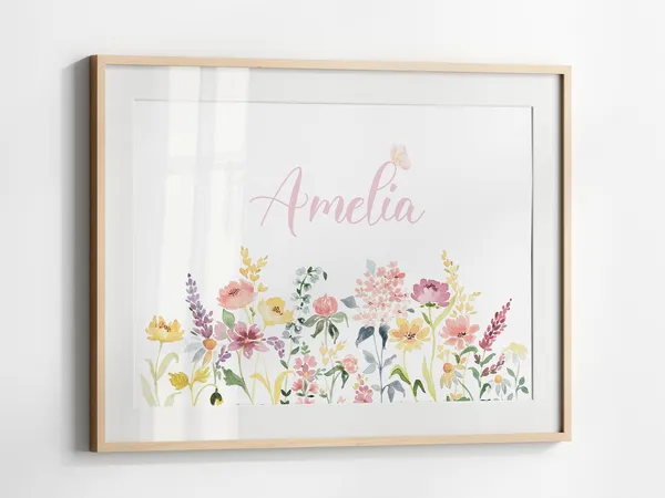 Custom Baby Girl Name Print, Wildflower Nursery Decor