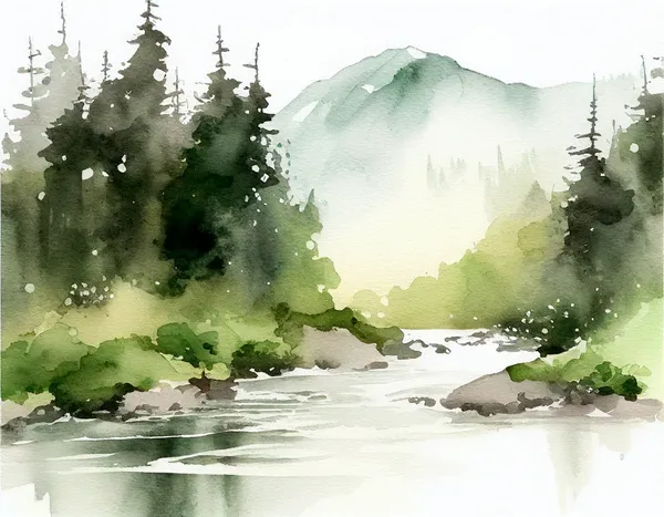 Rocky Mountains Watercolor Art Print, Misty Forest