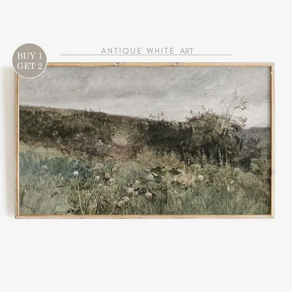 Wildflower Field Landscape, Vintage Meadow Art Print