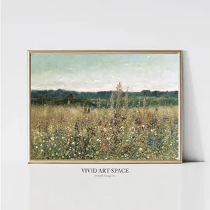 Meadow Wildflowers Painting, Vintage Landscape Print