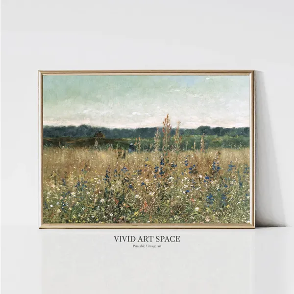 Meadow Wildflowers Painting, Vintage Landscape Print