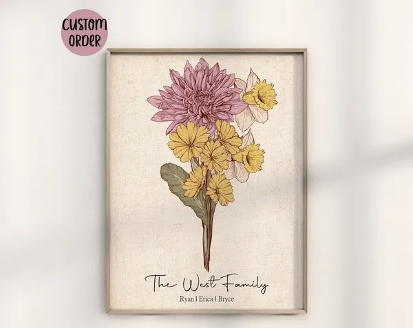 Birth Flower Bouquet Personalized Christmas Gift Art Print