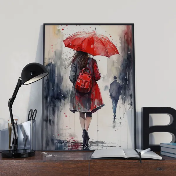 Watercolor Red Umbrella City Illustration Art Print