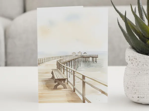 Seaside Scene of an Empty Pier Watercolor Art Print