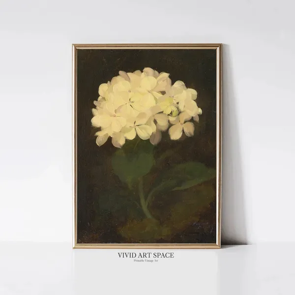 White Hydrangea Dark Floral Wall Art Print