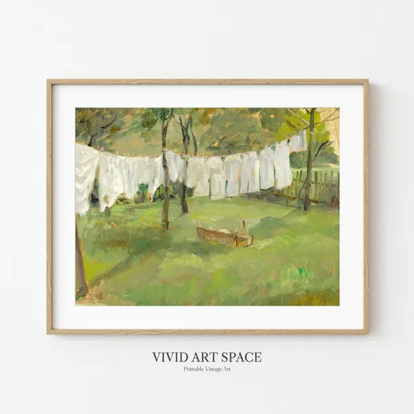 Clothesline Painting Vintage Rustic Landscape Art Print