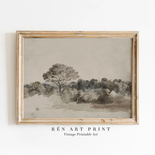 Vintage Landscape Painting Art Print, Farmhouse Decor