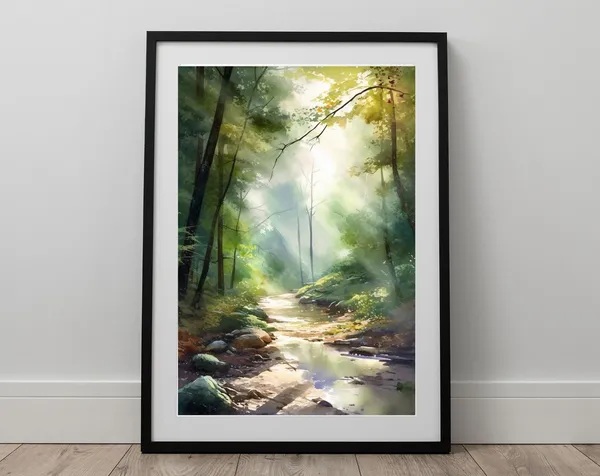 Forest Stream Watercolor Landscape Wall Art Print