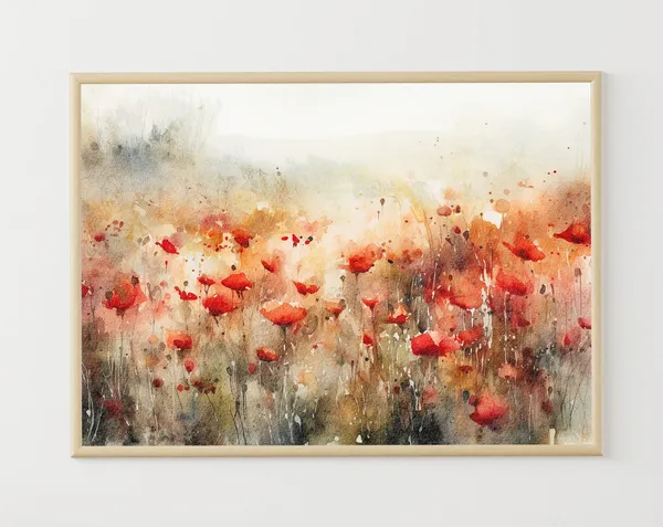 Red Poppy Watercolor Meadow Floral Landscape Art Print