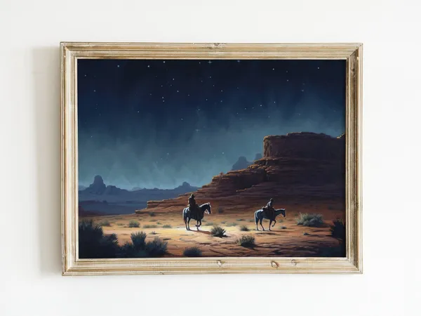 Western Night Sky Painting, Rustic Landscape Art Print