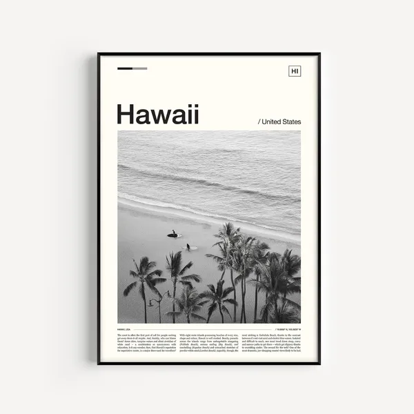 Hawaii Black and White Travel Poster, Wall Art Print