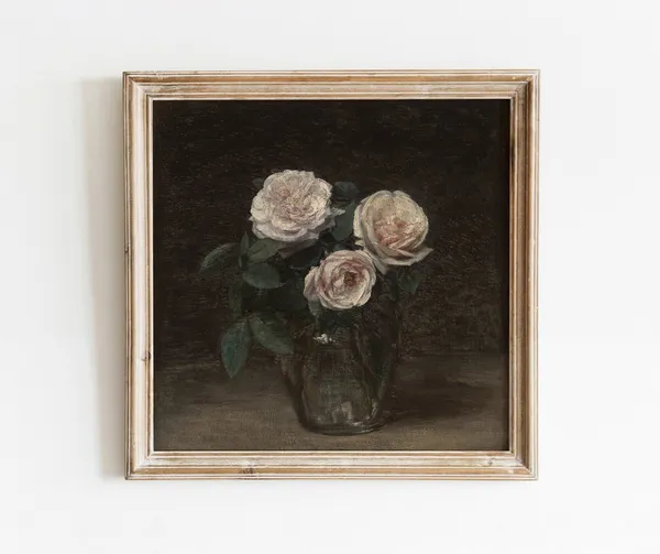 Three Pink Roses Vintage Floral Still Life Art Print