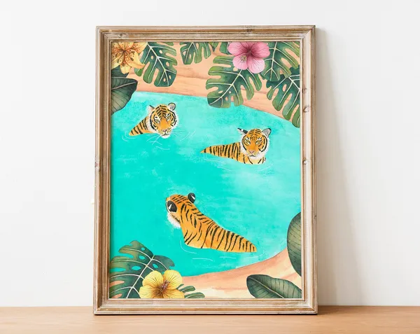 Jungle Tiger Swimming Art Print, Tropical Safari