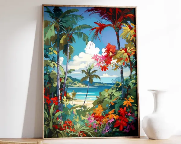 Caribbean Tropical Wall Art, Floral Scenery Print