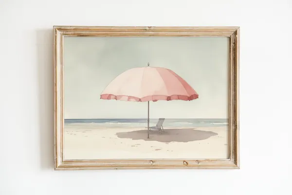 Pale Watercolor Beach Umbrella Art Print, Light Pink