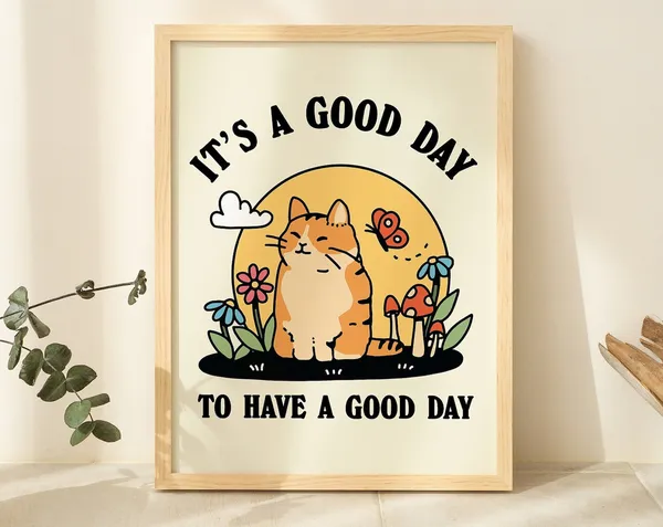 Cute Cat Good Day Quote Poster, Nursery Room Decor