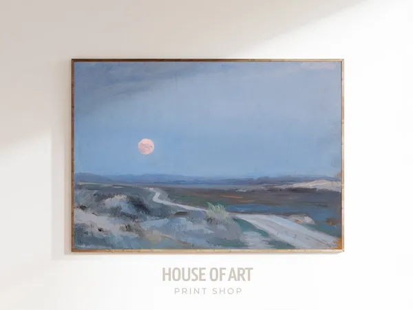 Vintage Full Moon Landscape Art Print, Moody Night