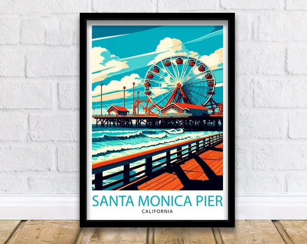 Santa Monica Pier Travel Poster, California Beach Scene