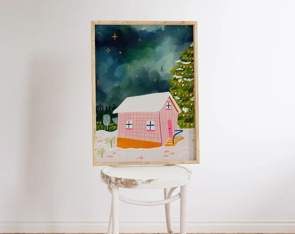 Winter Cabin Painting, North Aurora Scenery Art Print
