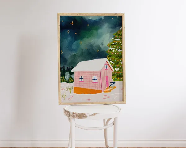 Winter Cabin Painting, North Aurora Scenery Art Print