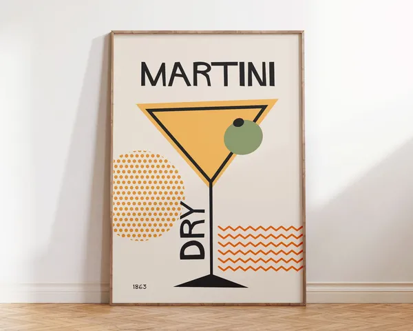 Martini Dry Retro Cocktail Art Print, Kitchen Bar