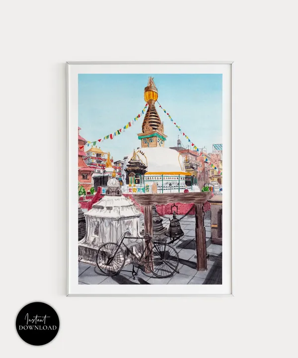 Kathmandu Watercolor Travel Poster, Nepal Art