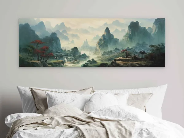 Japanese Village Oil Painting, Foggy Skies Art Print