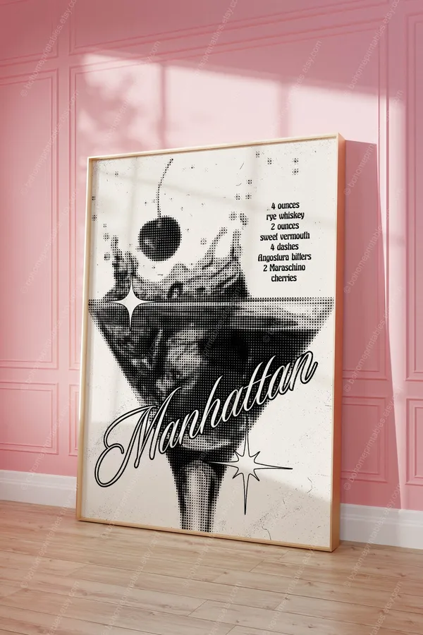 Manhattan Retro Cocktail Art Print, Funky Bar Decor
