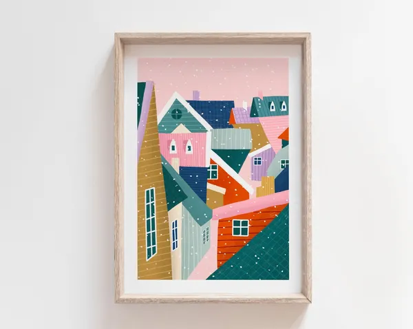 Over The Rooftops Christmas City Illustration Art Print