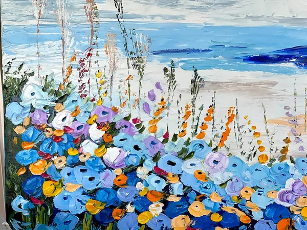 Beach Path With Blue and Yellow Flowers, Oil Painting Poster