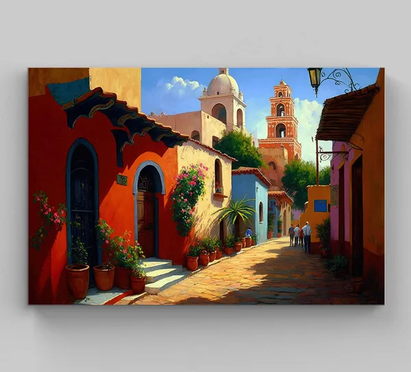 Mexican Village Scene, Colorful Traditional Art Print