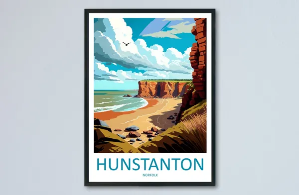 Hunstanton Cliffs Travel Poster, England Coastal View