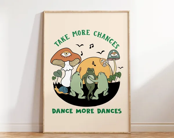 Retro Frog with Vintage Mushroom Illustration Art Print